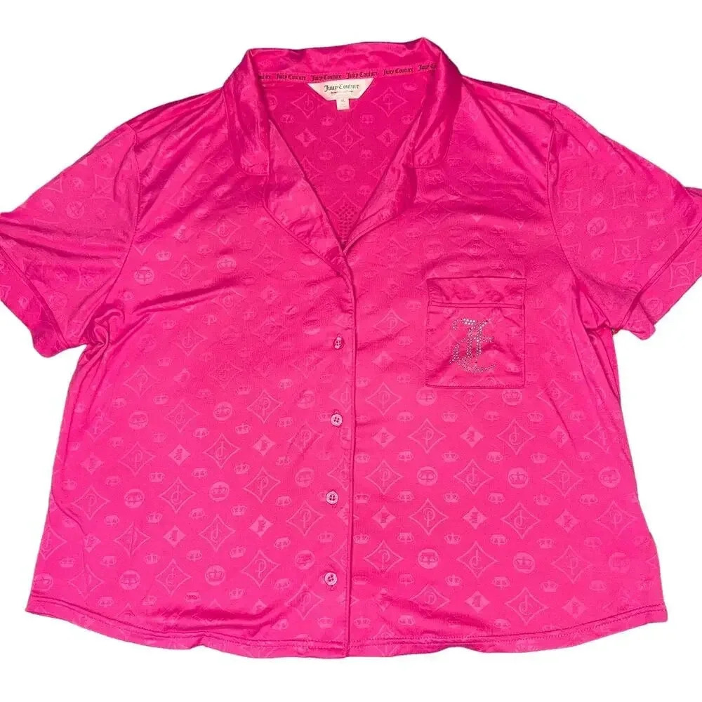 Juicy Couture Women's XK Pink Shortβ Sleeve Glitter Beaded Logo Pajama Top